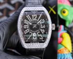 Replica Franck Muller V45 Yachting Diamond Case Black Leather Strap Watch 